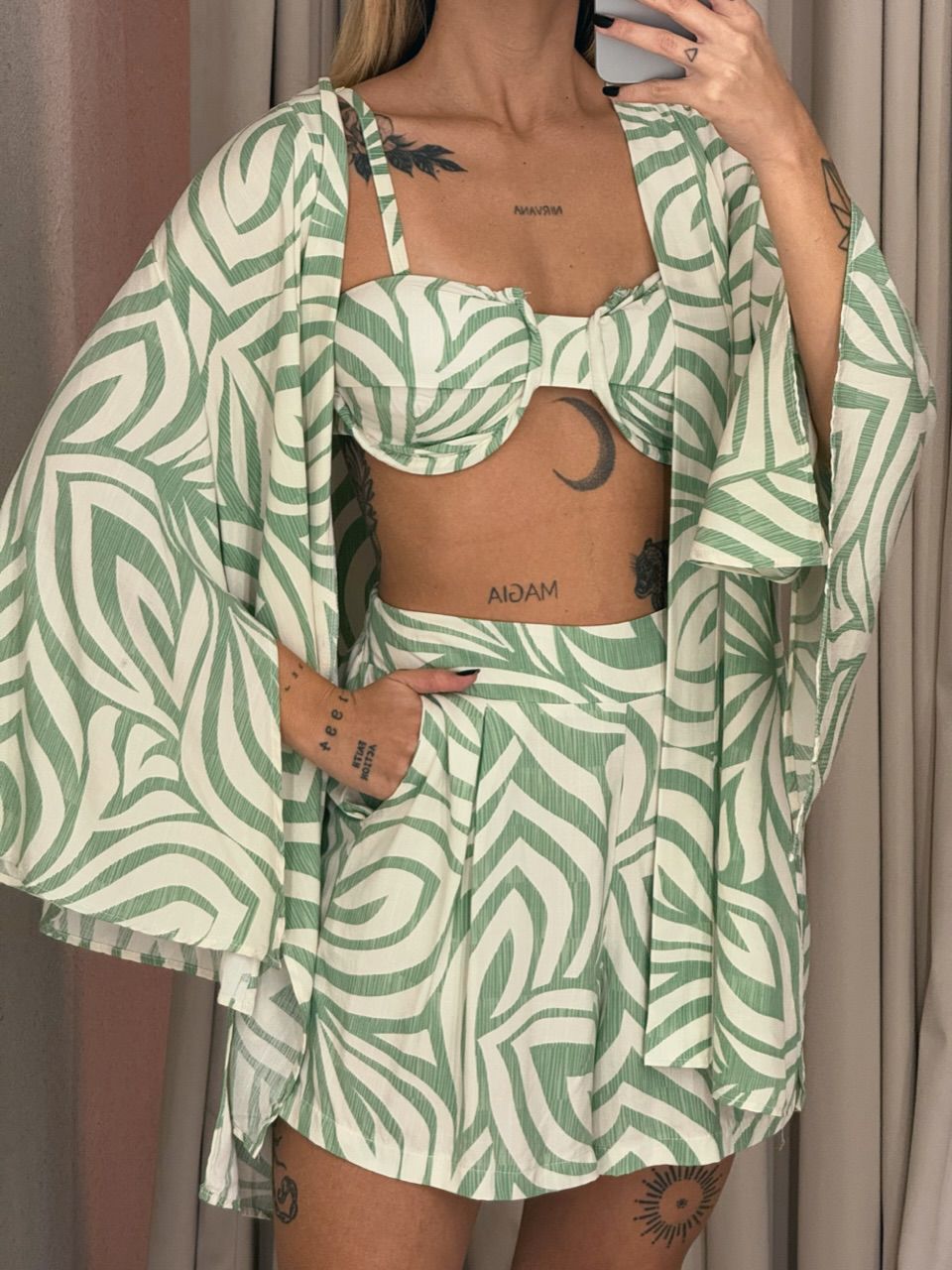 CONJUNTO PAULA TOP Kimono VERDE ESTAMPADO