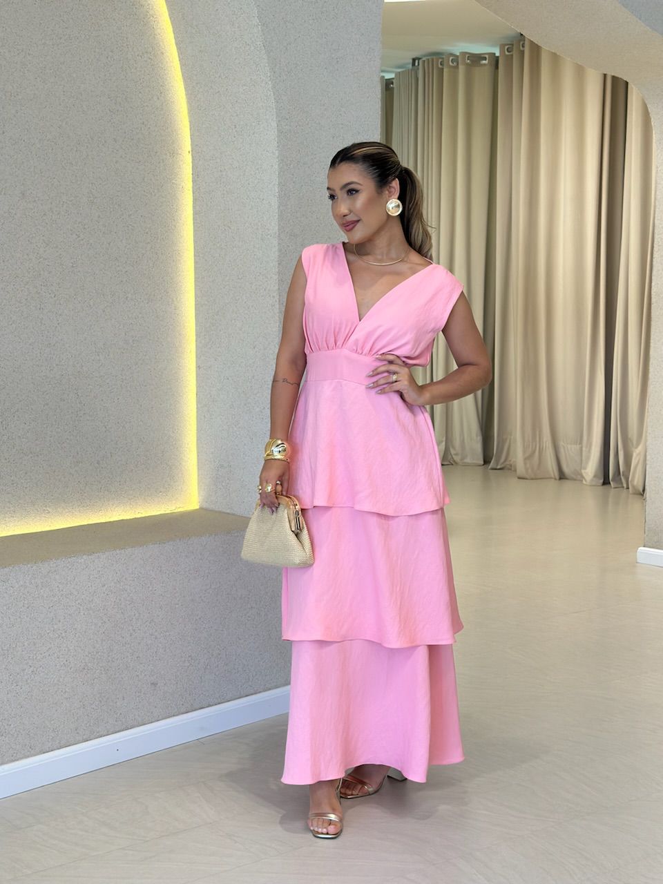VESTIDO CLARA BABADOS ROSA - 0060740031 - CAROLLA FERRARO