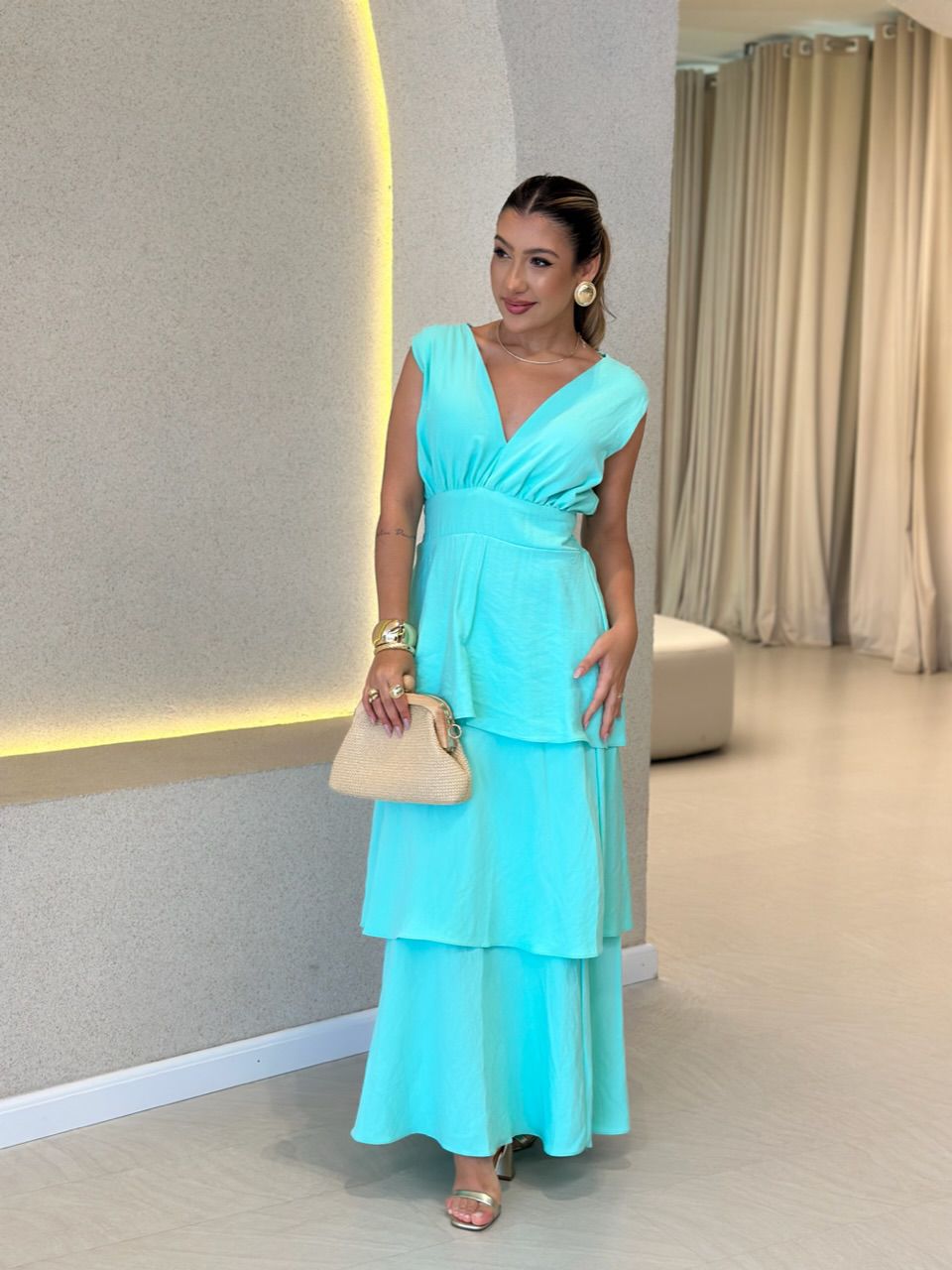 VESTIDO CLARA BABADOS VERDE ÁGUA