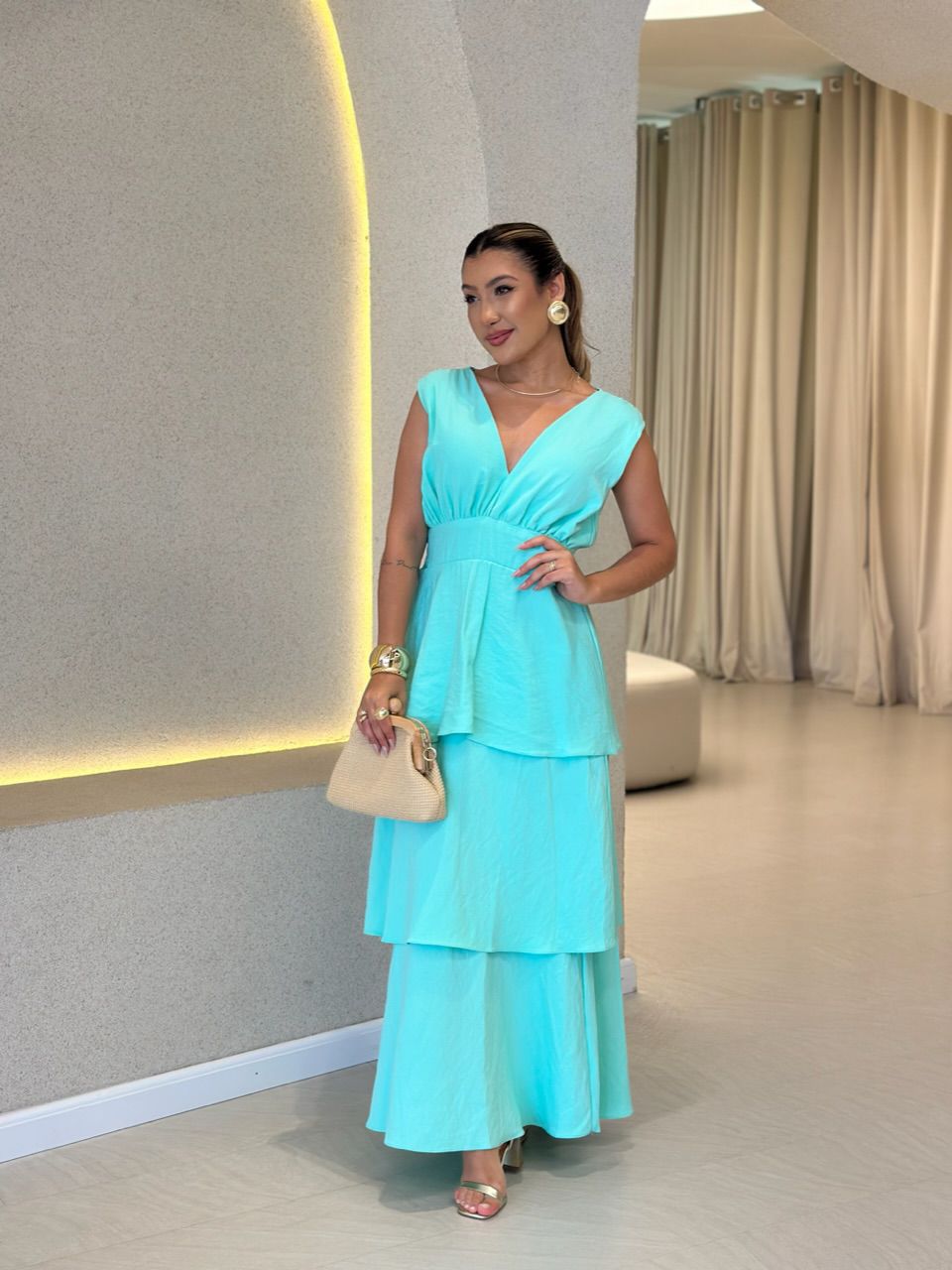 VESTIDO CLARA BABADOS VERDE ÁGUA