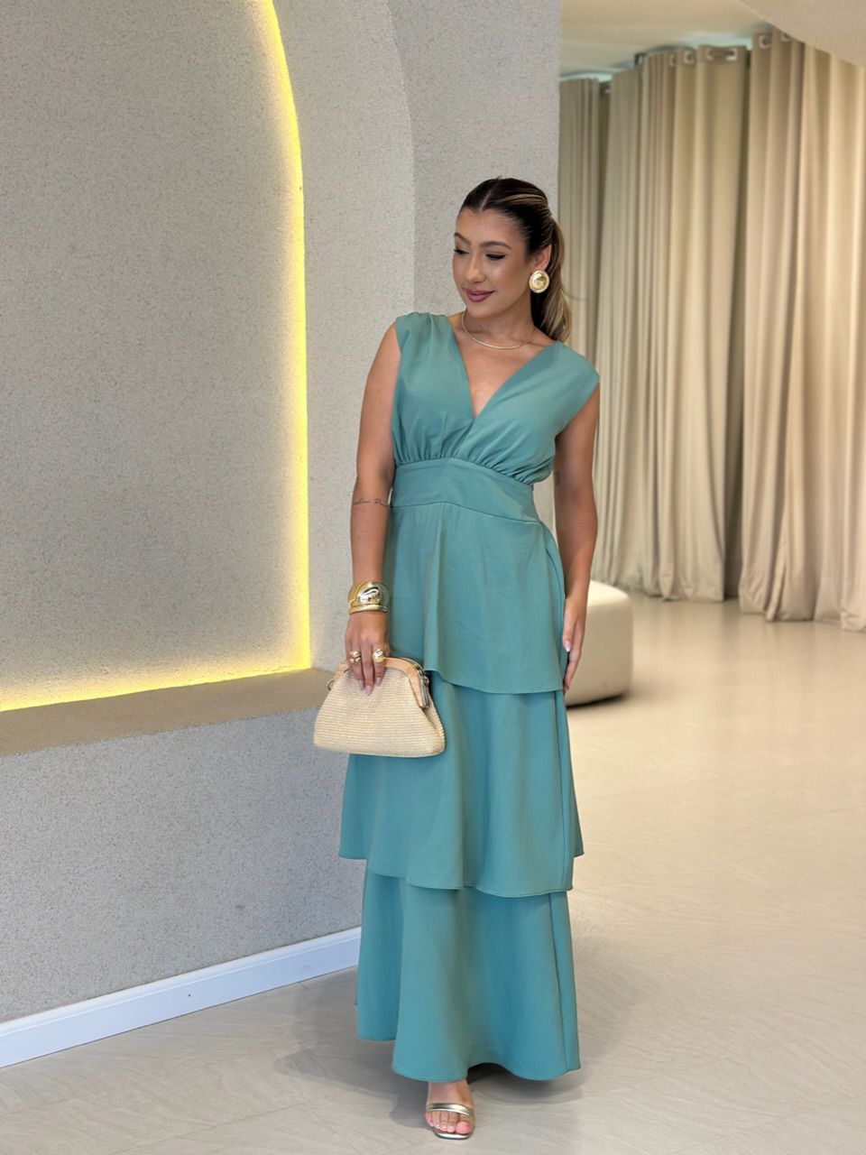 VESTIDO CLARA BABADOS VERDE - 0060740014 - CAROLLA FERRARO