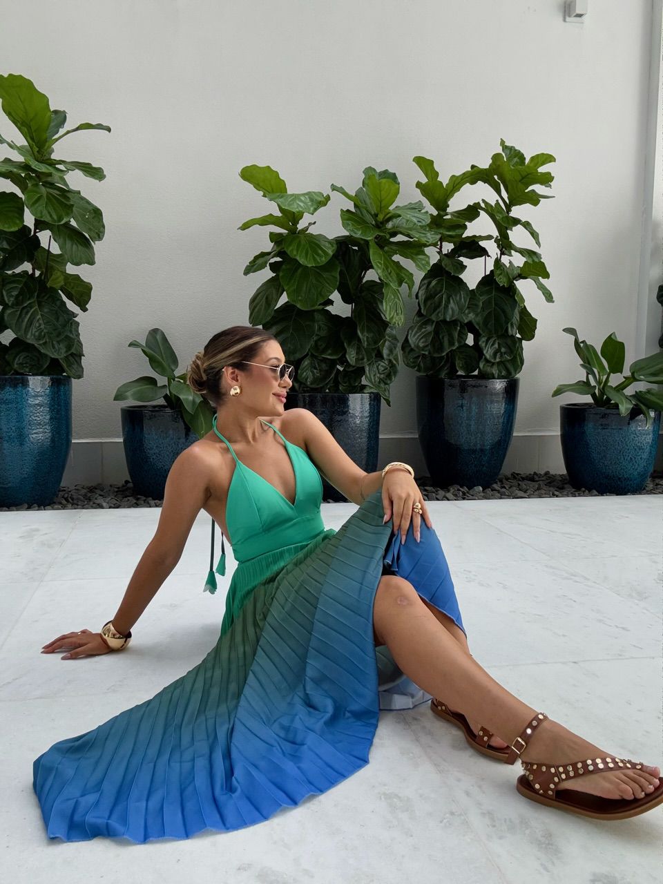 VESTIDO LEBLON PLISSADO VERDE/MARROM