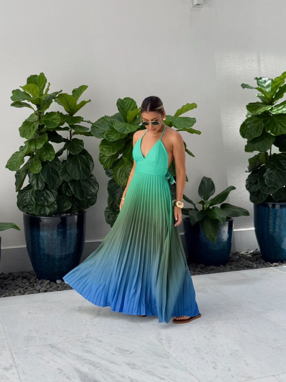 VESTIDO LEBLON PLISSADO VERDE/MARROM