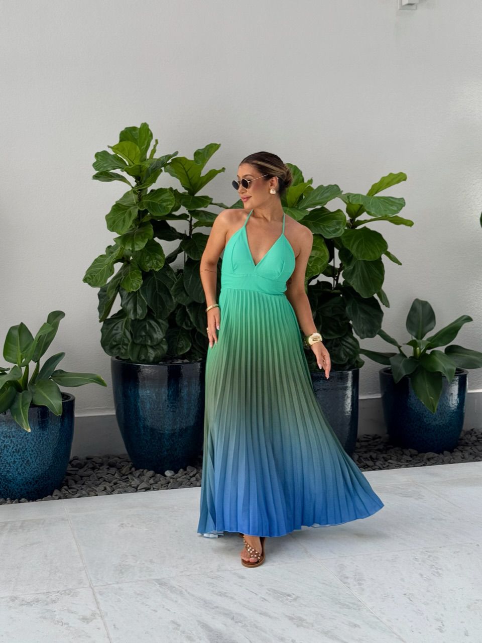 VESTIDO LEBLON PLISSADO VERDE/MARROM