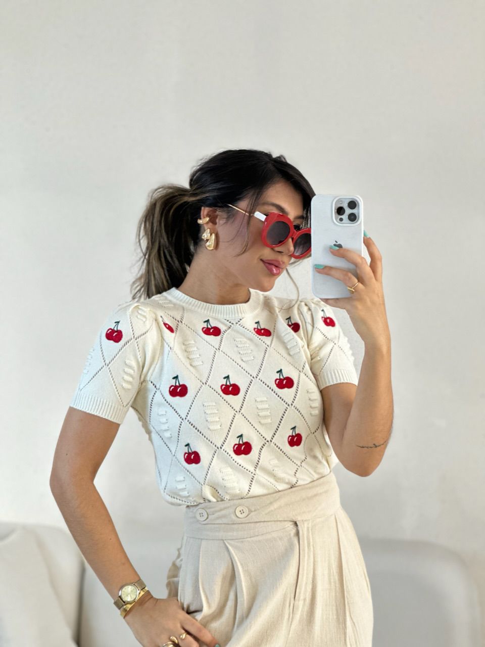 BLUSA CEREJA TRICOT MARFIM