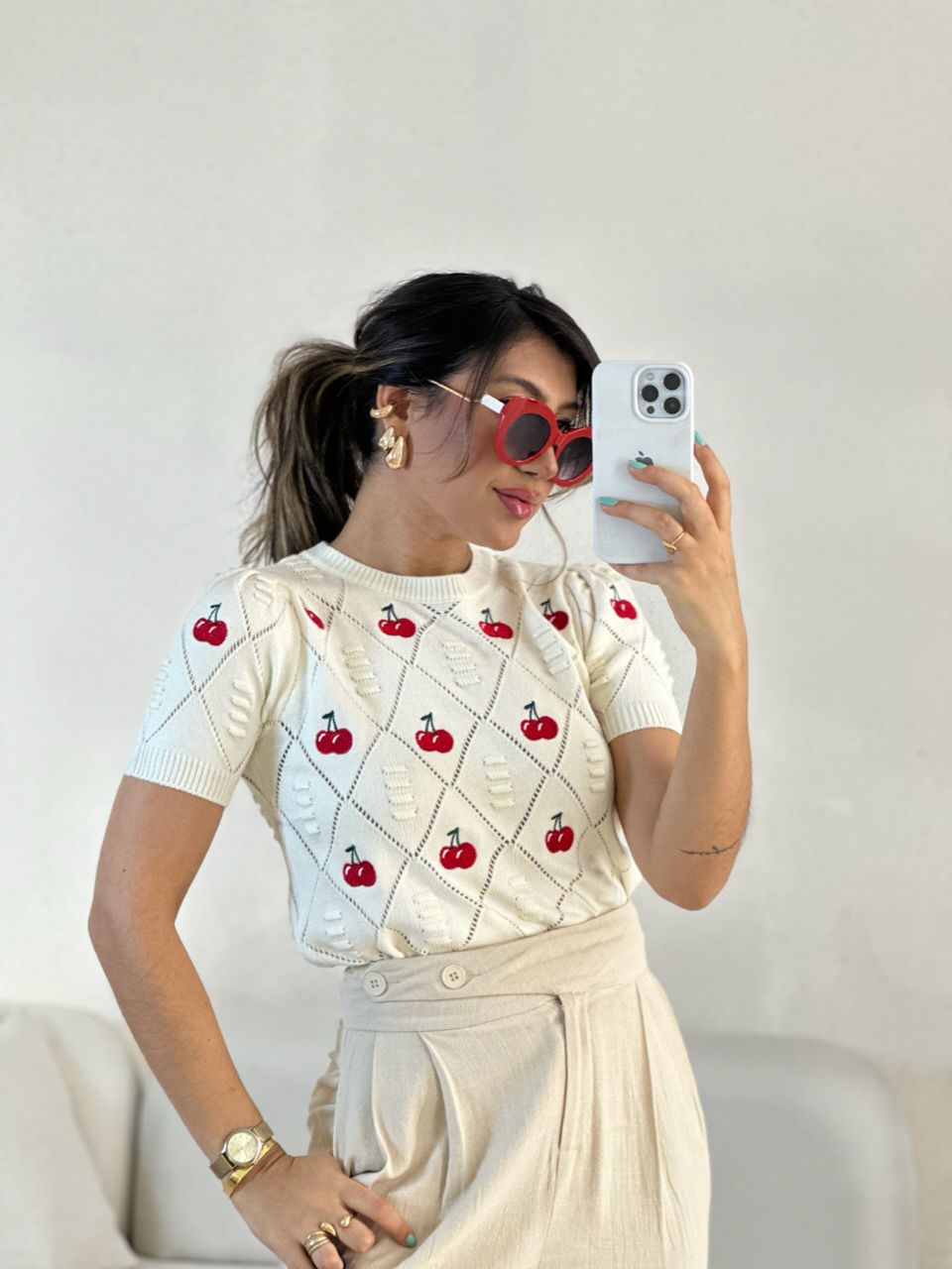 BLUSA CEREJA TRICOT MARFIM - 0055960056 - CAROLLA FERRARO