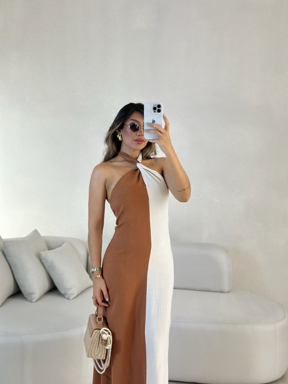 VESTIDO ANA BICOLOR FRENTE UNICA Caramelo