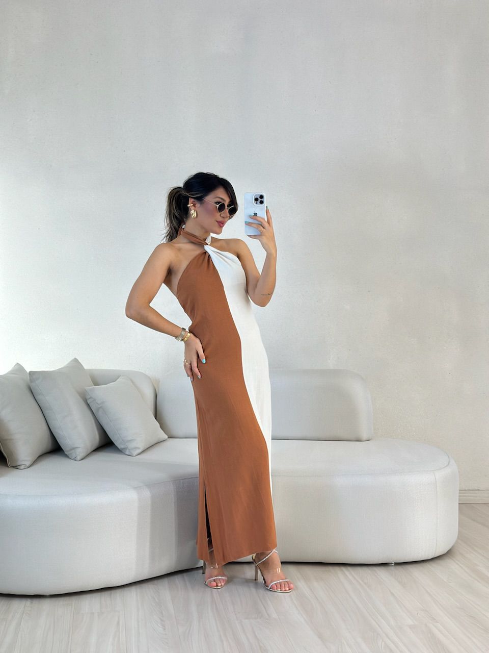 VESTIDO ANA BICOLOR FRENTE UNICA Caramelo