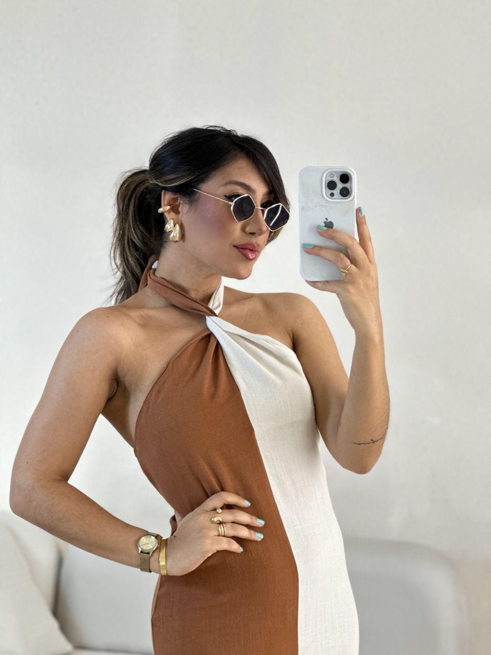 VESTIDO ANA BICOLOR FRENTE UNICA Caramelo