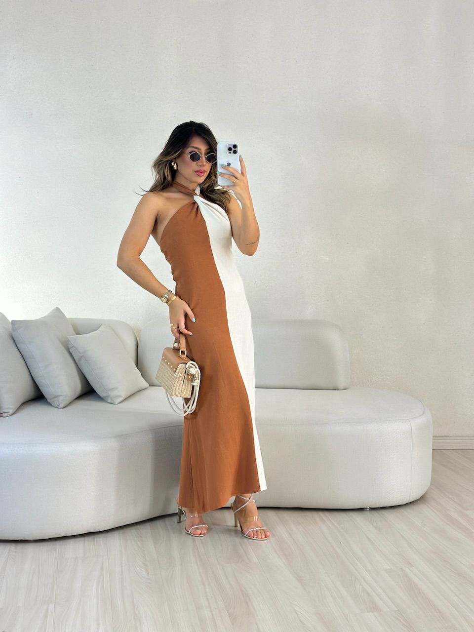 VESTIDO ANA BICOLOR FRENTE UNICA Caramelo