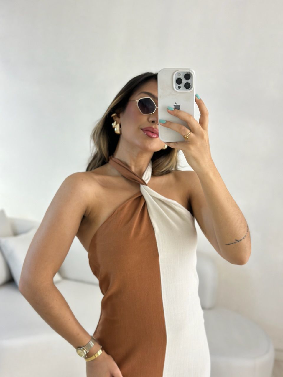 VESTIDO ANA BICOLOR FRENTE UNICA Caramelo