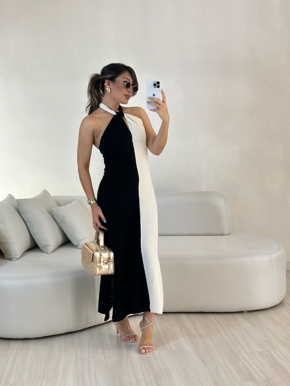 VESTIDO ANA BICOLOR FRENTE UNICA preto