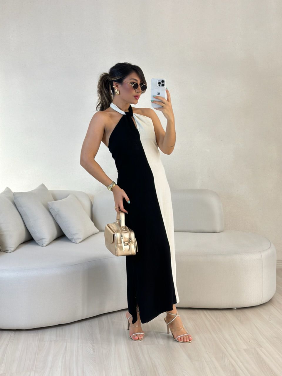 VESTIDO ANA BICOLOR FRENTE UNICA preto