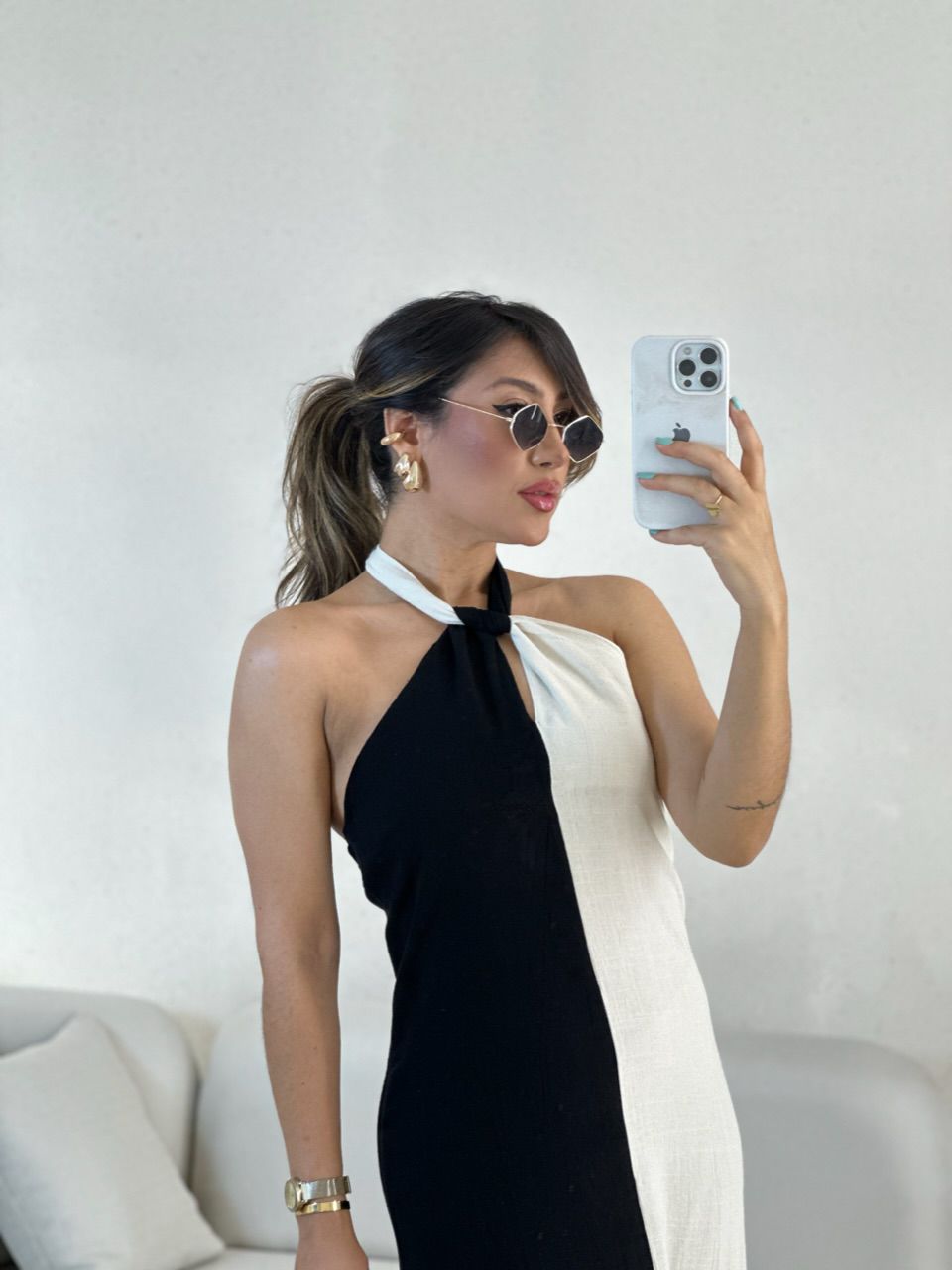 VESTIDO ANA BICOLOR FRENTE UNICA preto