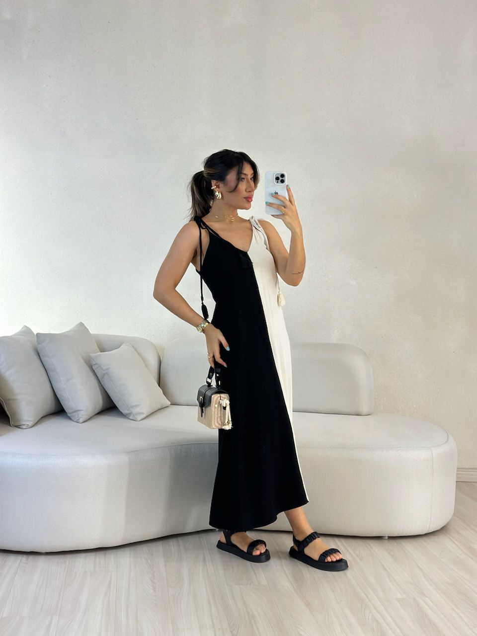 VESTIDO ALÇA BICOLOR PRETO
