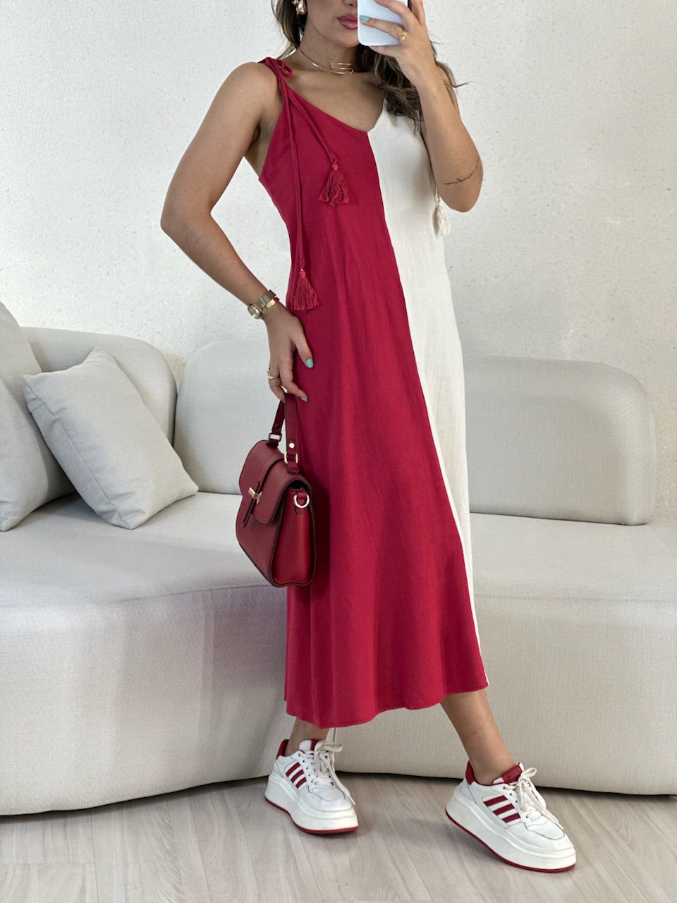 VESTIDO ALÇA BICOLOR VERMELHO