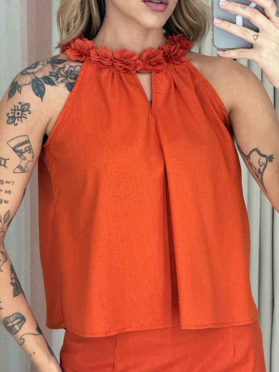 CONJUNTO BETINA SAIA BLUSA FLORES TERRACOTA 
