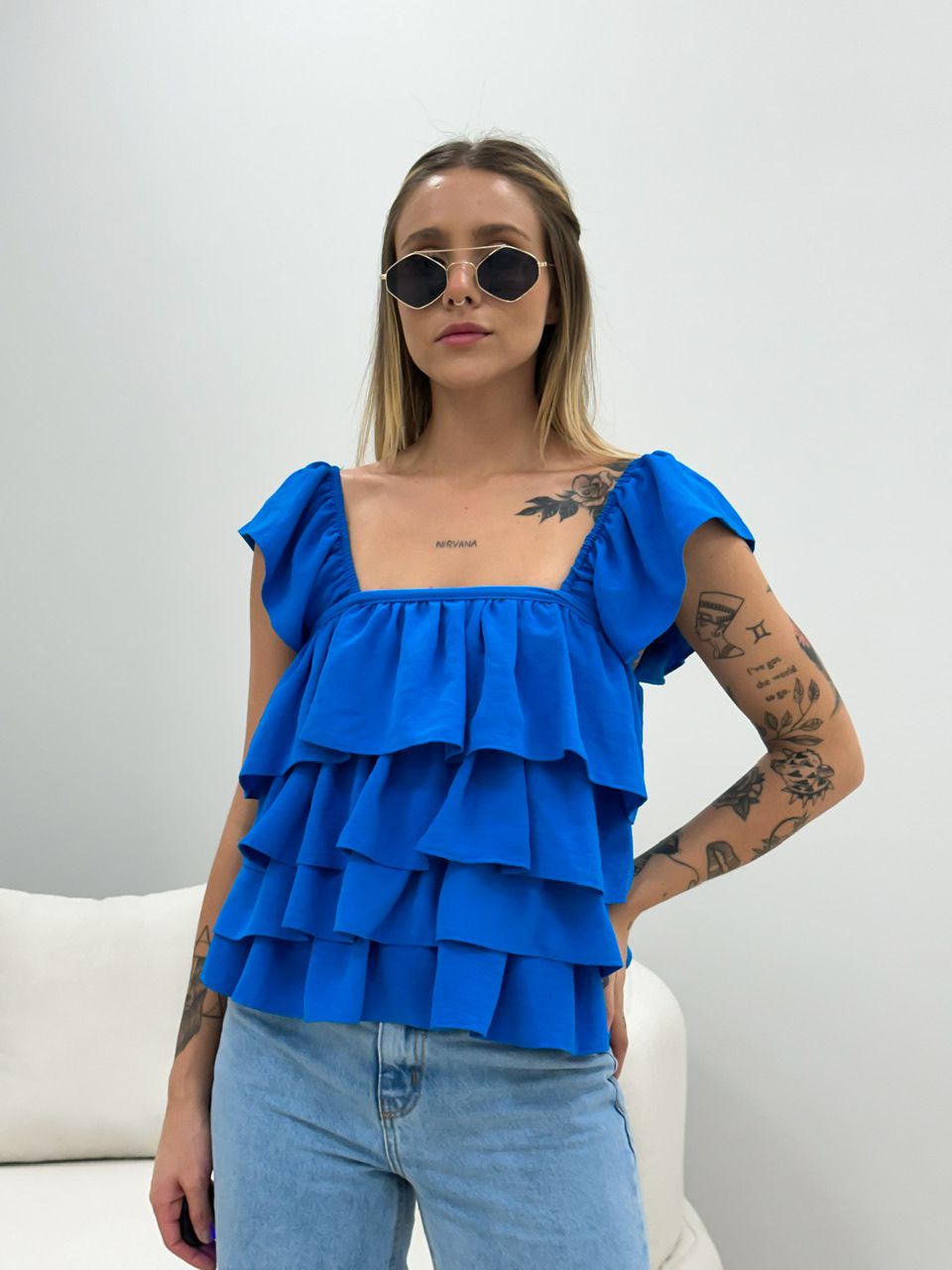 BLUSA BABADO LASTEX AZUL - 0048210109 - CAROLLA FERRARO