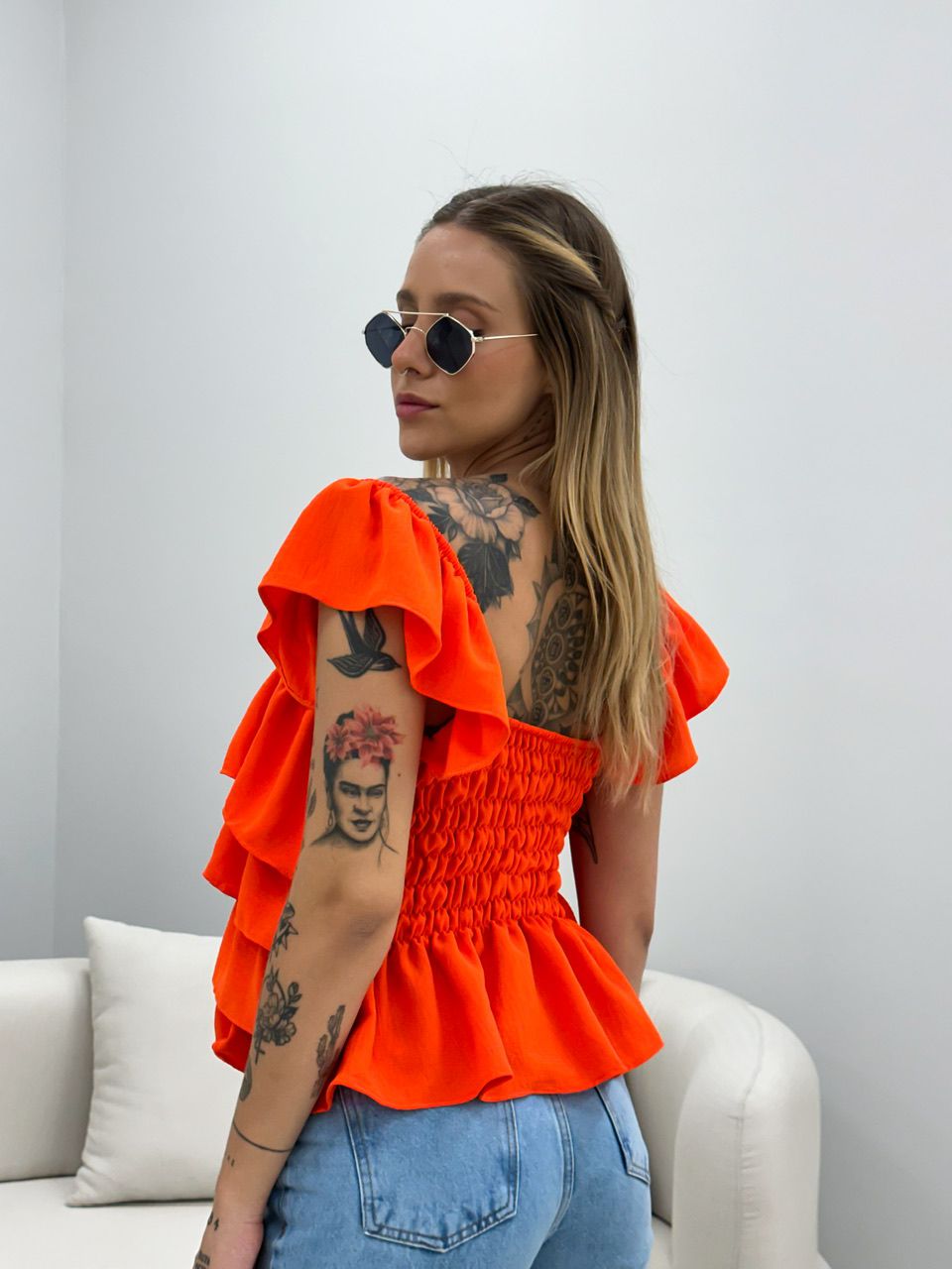 BLUSA BABADO LASTEX LARANJA