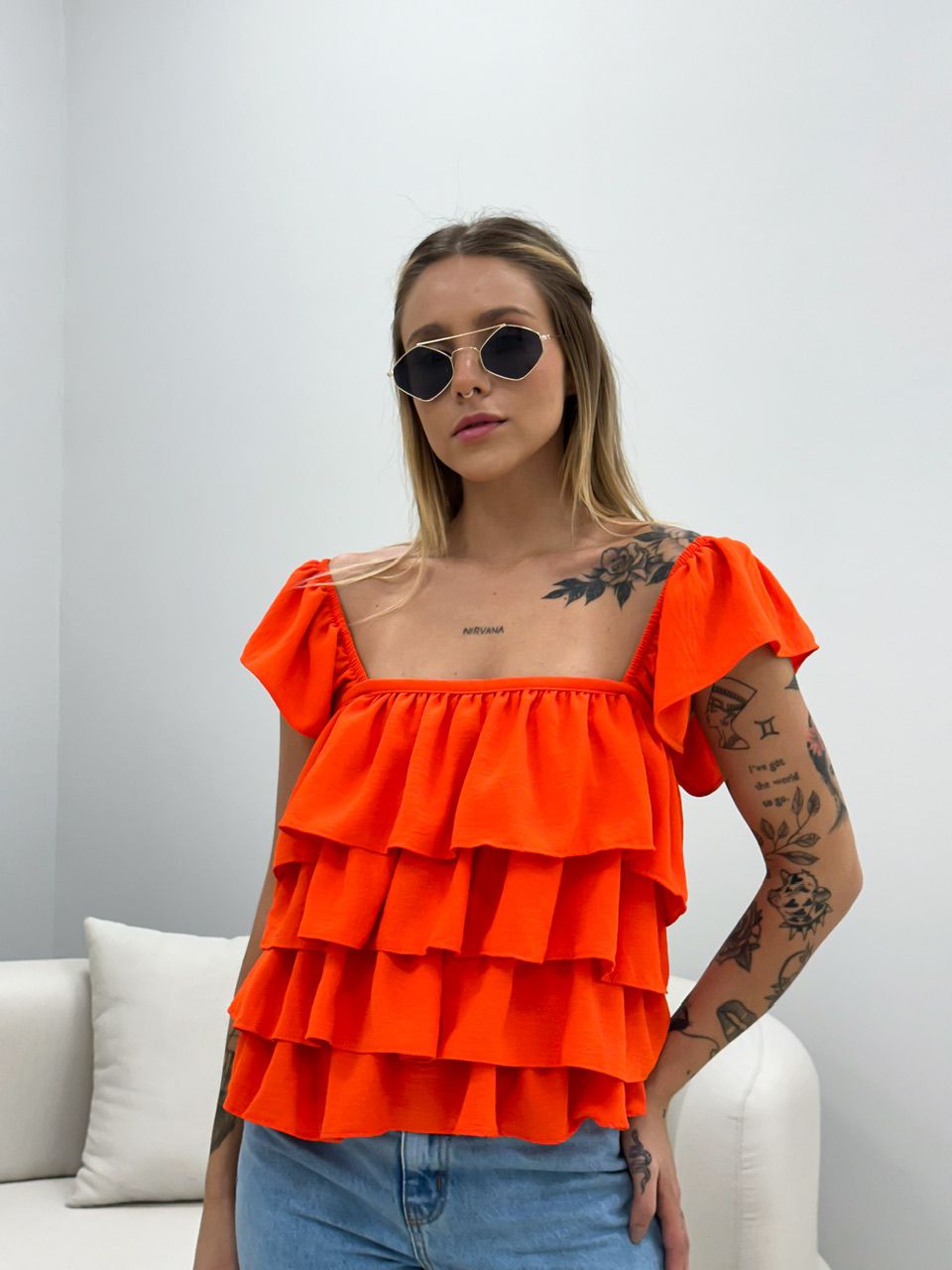 BLUSA BABADO LASTEX LARANJA - 0048210068 - CAROLLA FERRARO