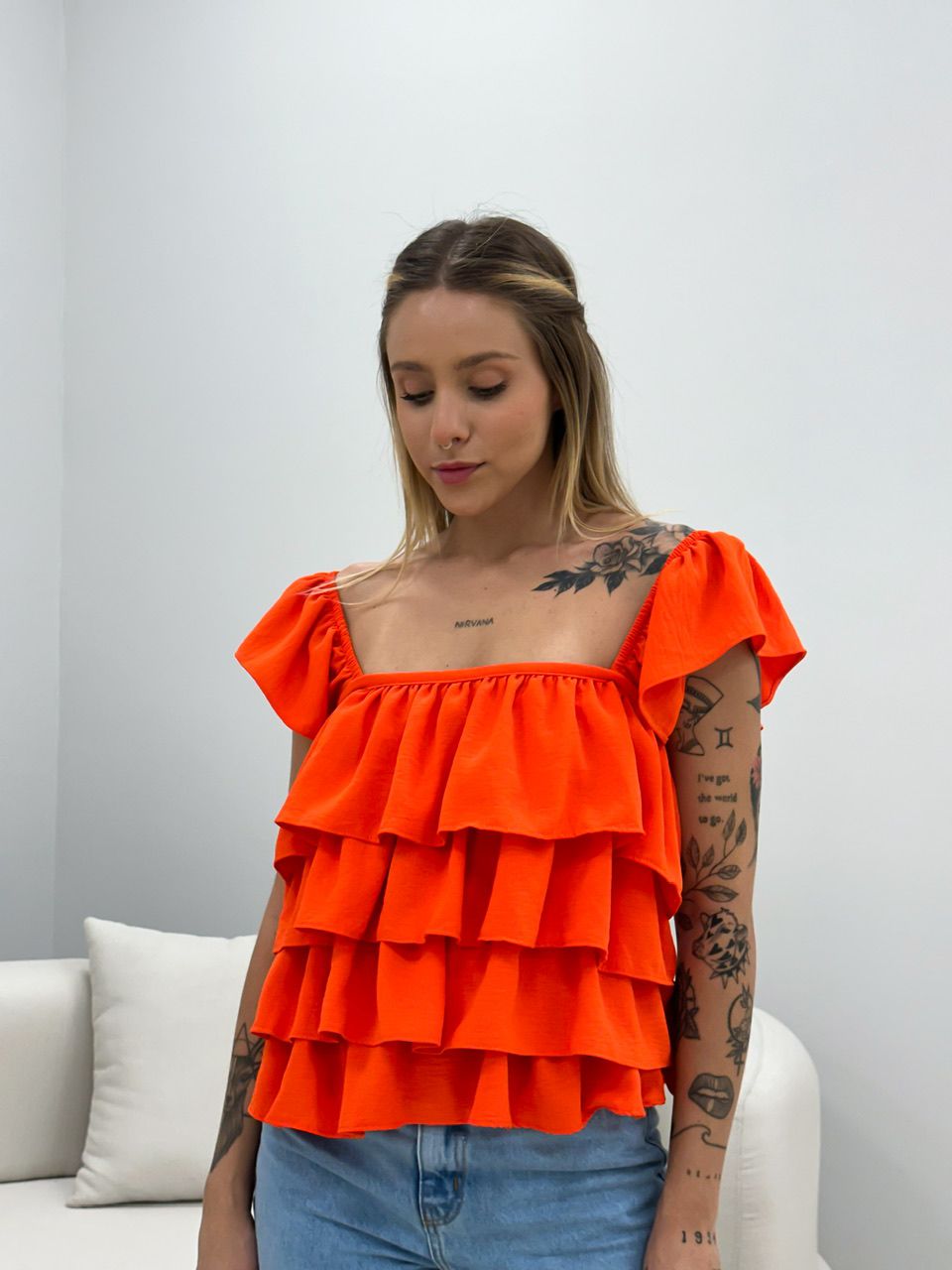 BLUSA BABADO LASTEX LARANJA