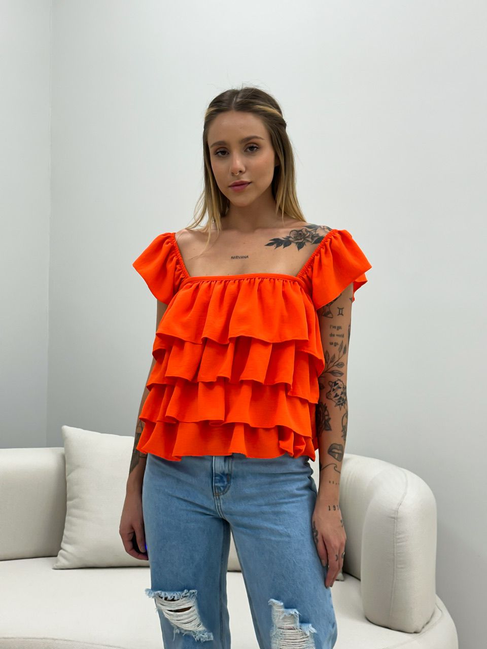 BLUSA BABADO LASTEX LARANJA