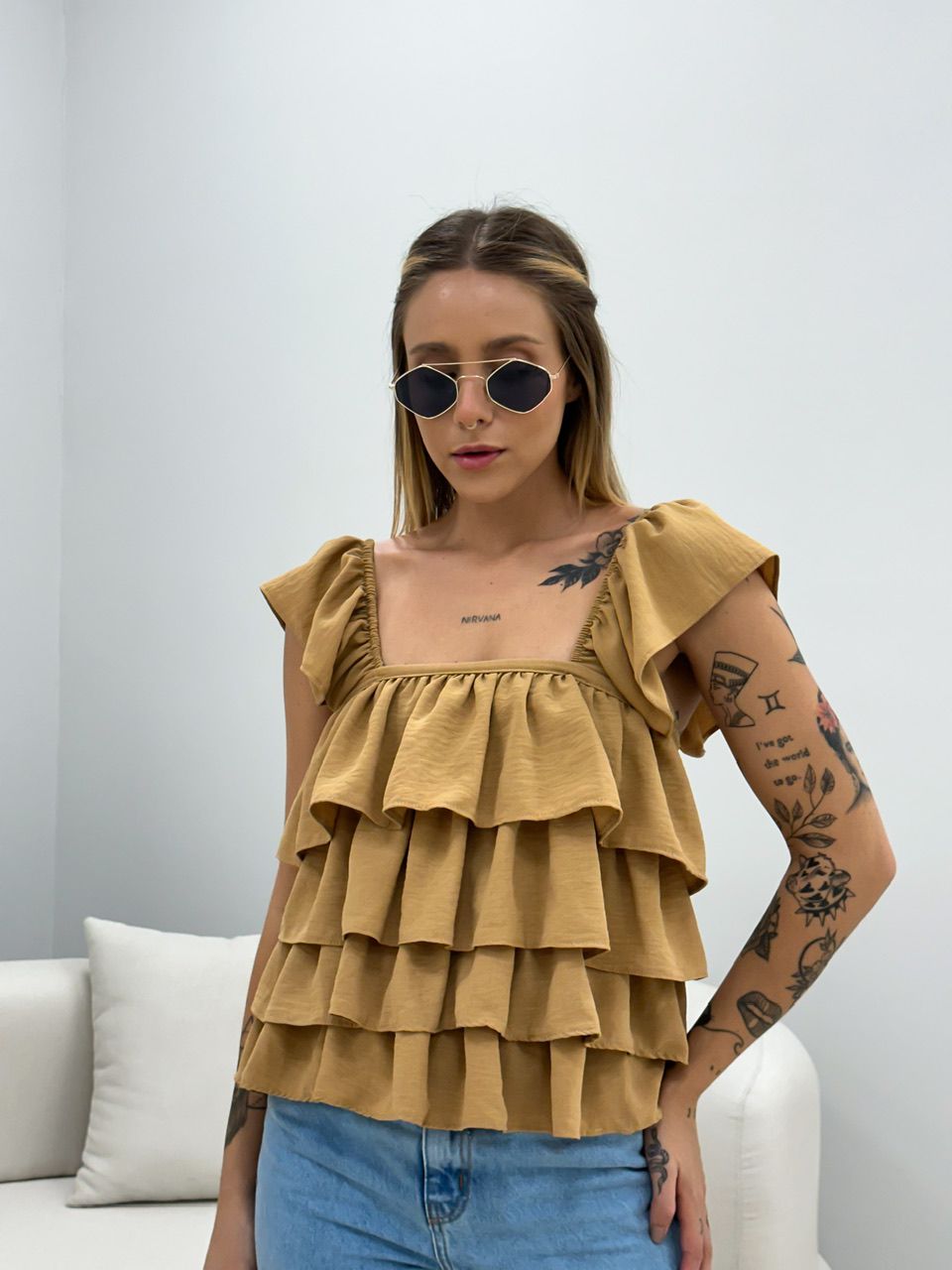 BLUSA BABADO LASTEX NUDE - 0048210049 - CAROLLA FERRARO