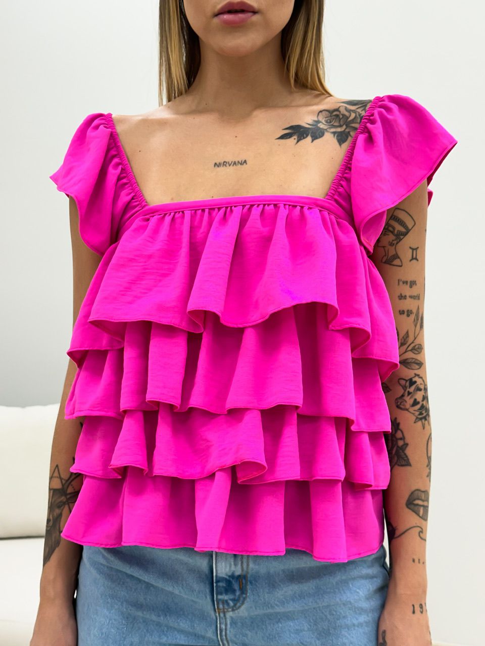 BLUSA BABADO LASTEX ROSA CHICLETE