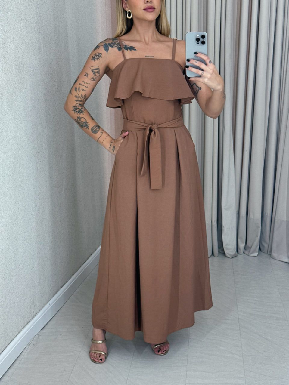 VESTIDO THAIS ALÇA FAIXA MARROM