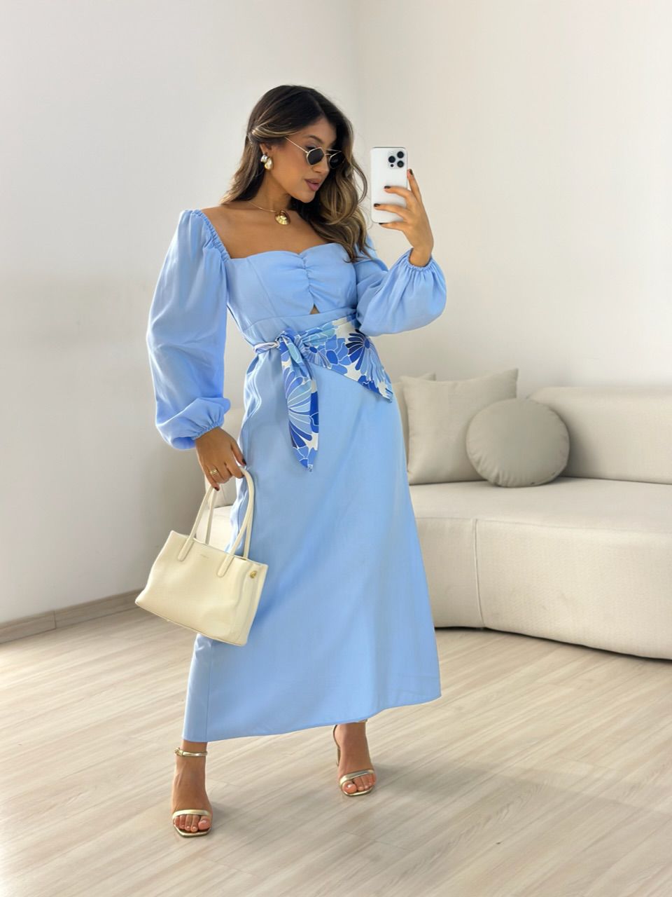 VESTIDO JULIETA MANGA BUFANTE AZUL