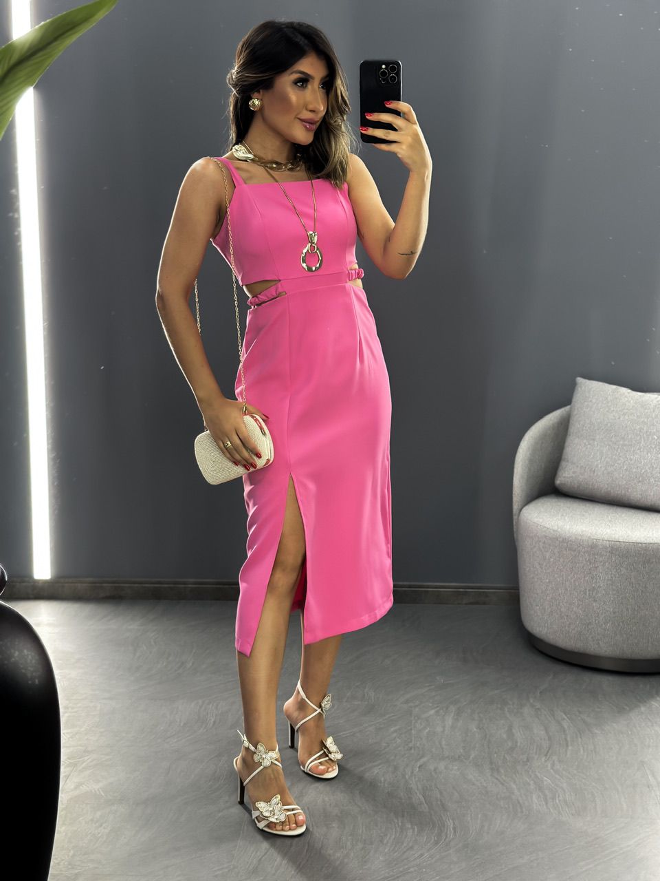 VESTIDO ELISA ABERTURA LATERAL ROSA - 0045970031 - CAROLLA FERRARO