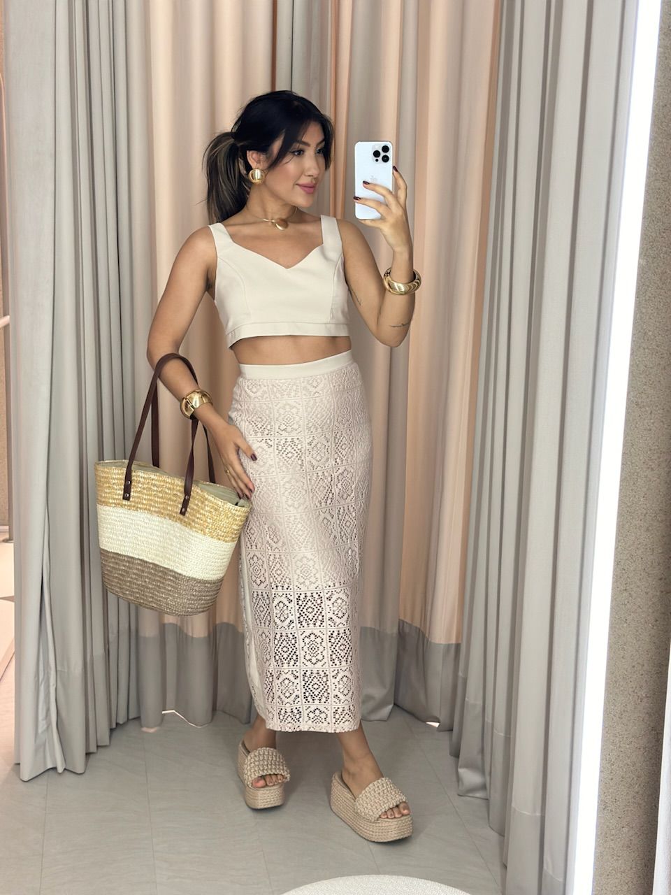 CONJUNTO PIETRA SAIA RENDA CROPPED MARFIM - 005809... - CAROLLA FERRARO