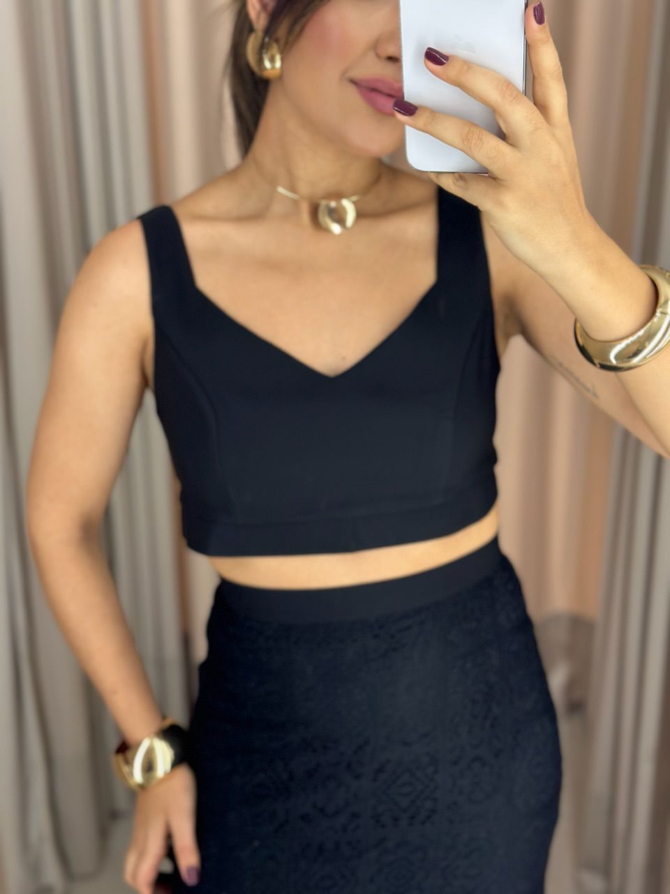 CONJUNTO PIETRA SAIA RENDA CROPPED PRETO