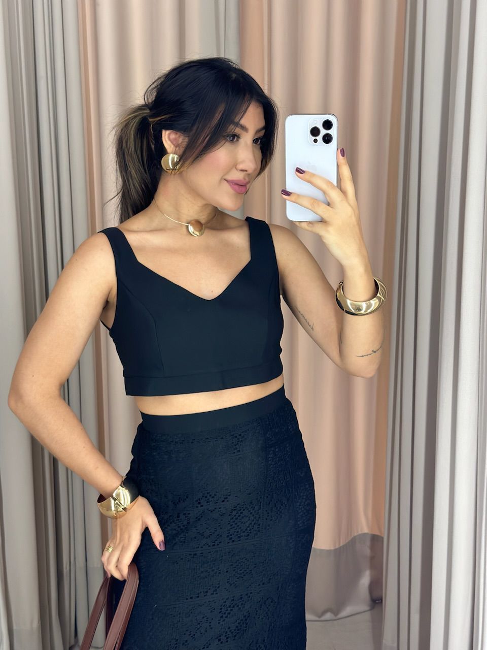 CONJUNTO PIETRA SAIA RENDA CROPPED PRETO