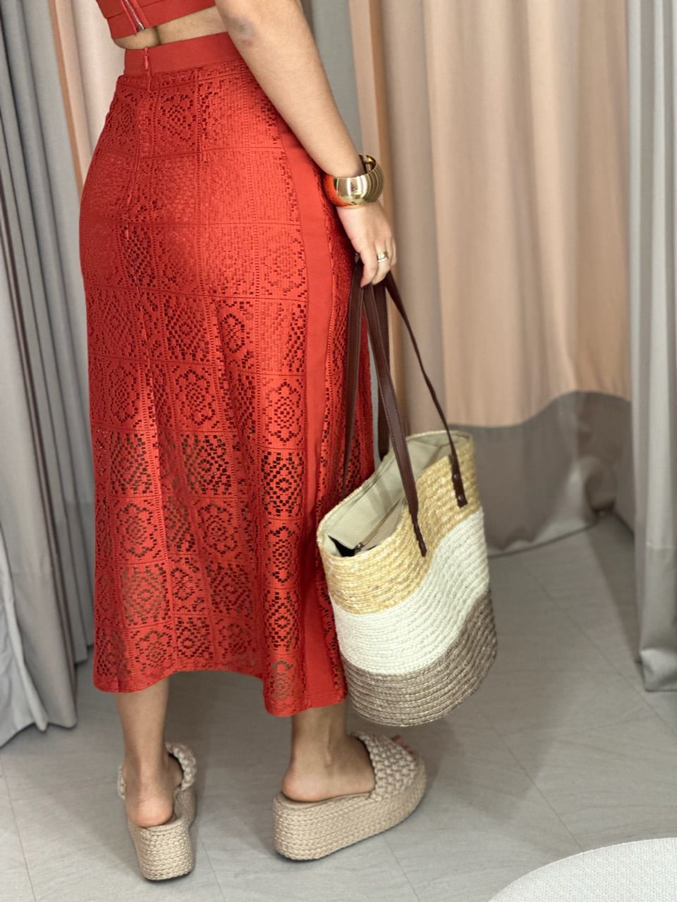 CONJUNTO PIETRA SAIA RENDA CROPPED TERRACOTA 