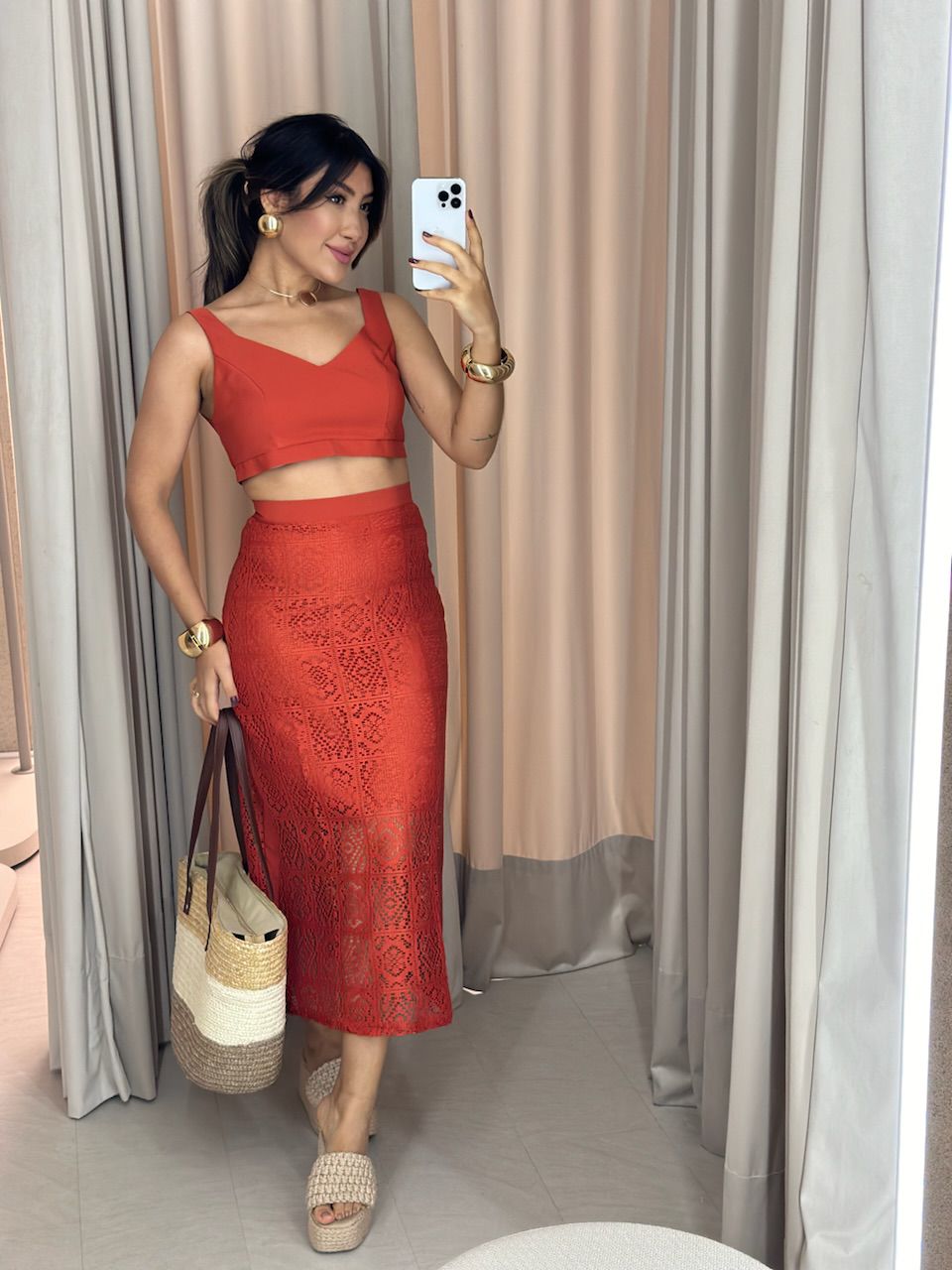 CONJUNTO PIETRA SAIA RENDA CROPPED TERRACOTA - 00... - CAROLLA FERRARO