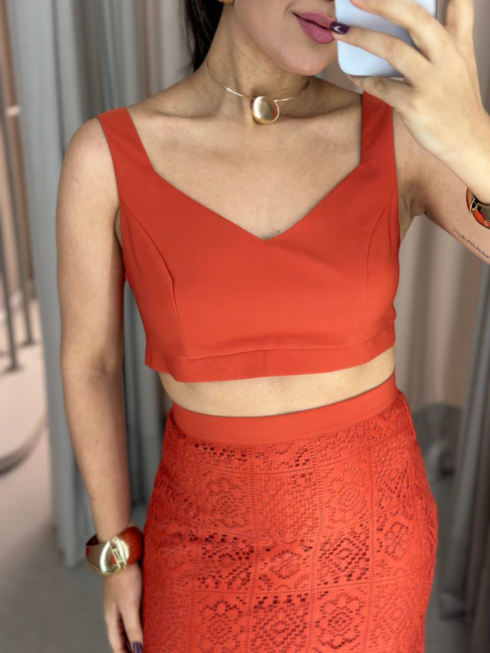 CONJUNTO PIETRA SAIA RENDA CROPPED TERRACOTA 