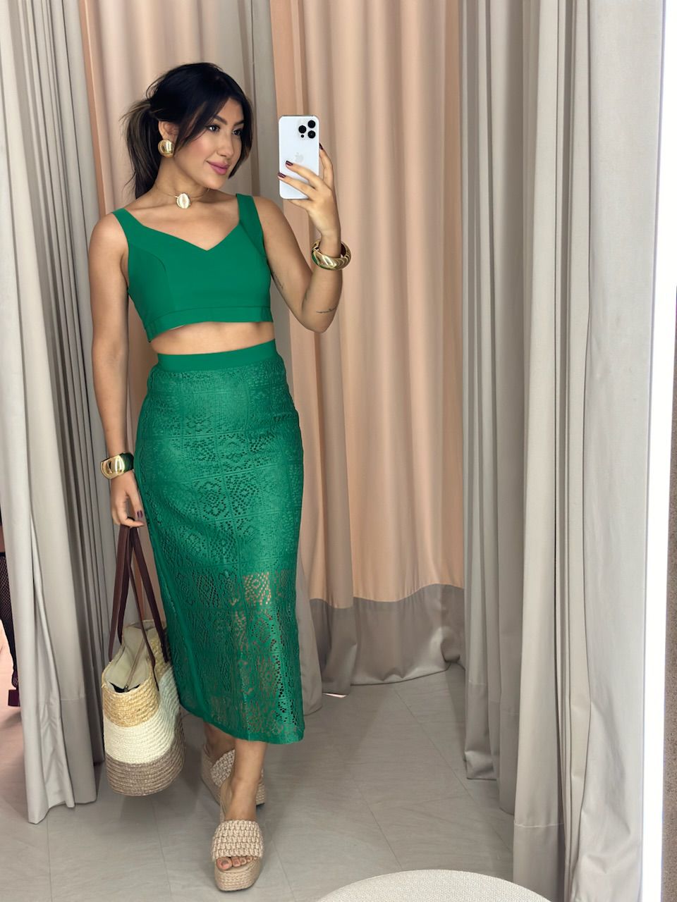 CONJUNTO PIETRA SAIA RENDA CROPPED VERDE
