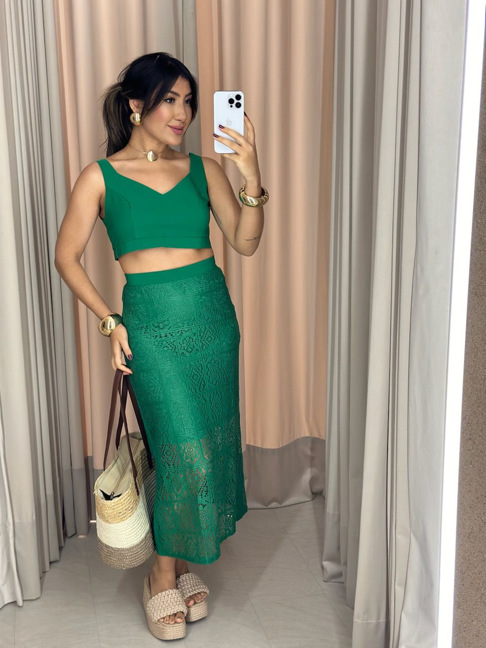 CONJUNTO PIETRA SAIA RENDA CROPPED VERDE - 0058090... - CAROLLA FERRARO