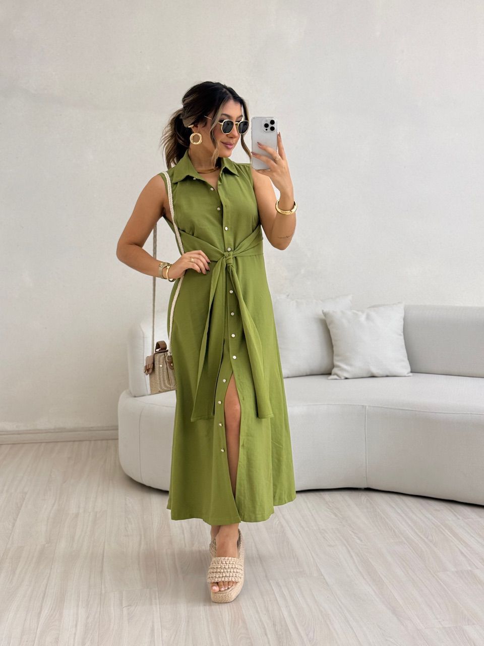 VESTIDO MORGAN BOTÕES OLIVA - 0061680422 - CAROLLA FERRARO
