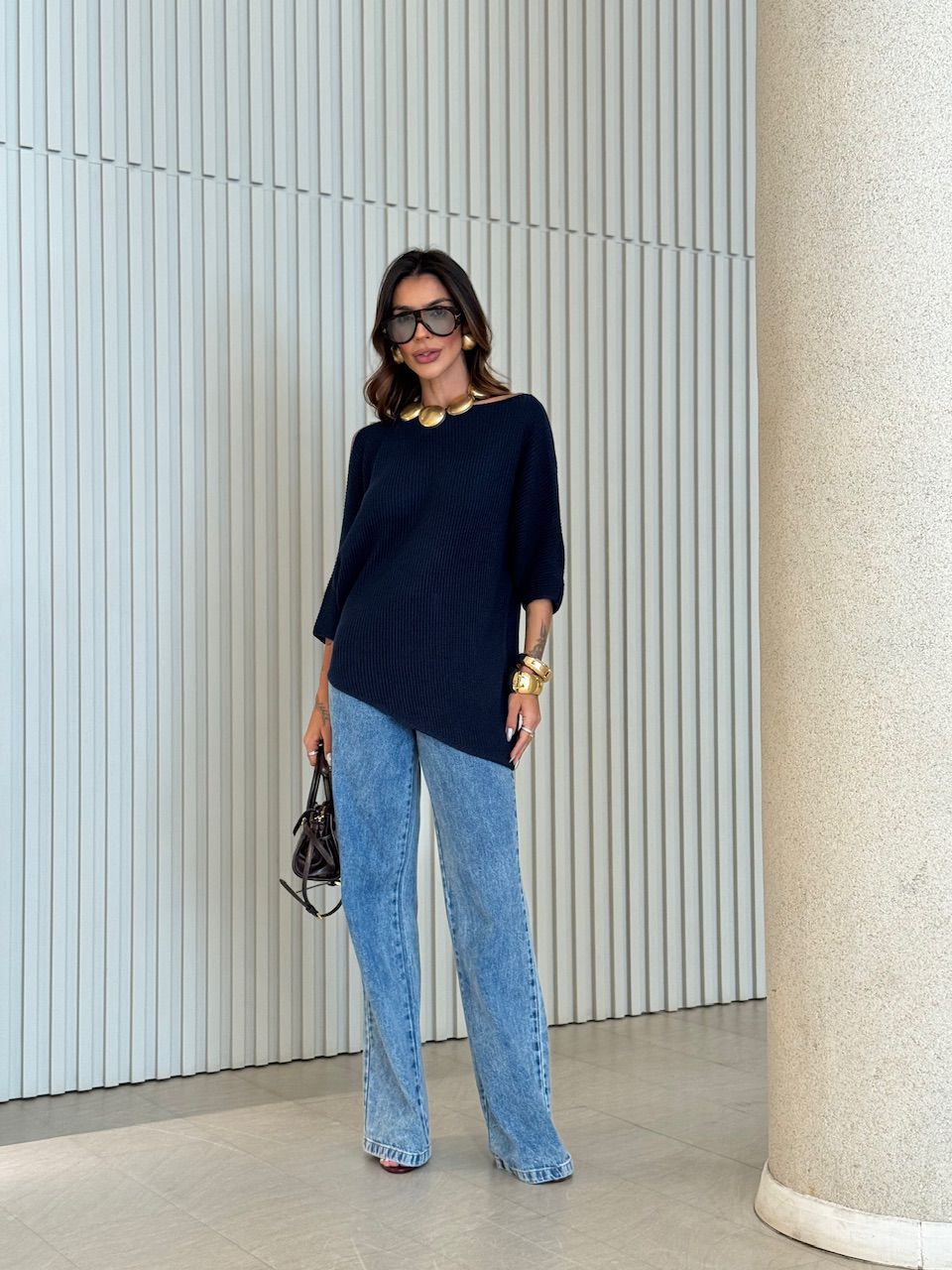 BLUSA AYLA TRICOT ASSIMÉTRICA MARINHO