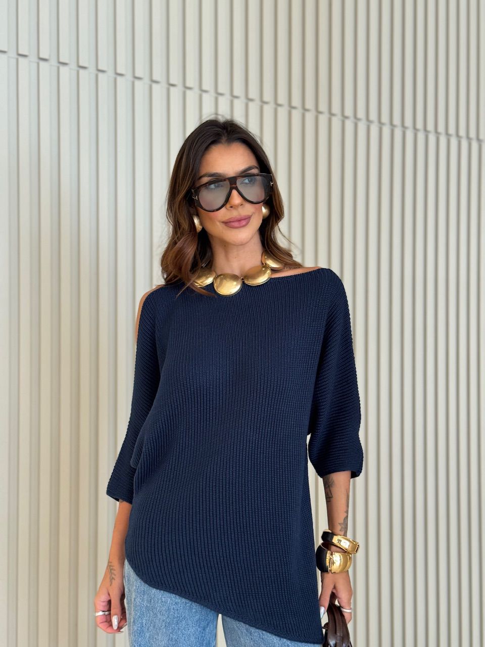 BLUSA AYLA TRICOT ASSIMÉTRICA MARINHO