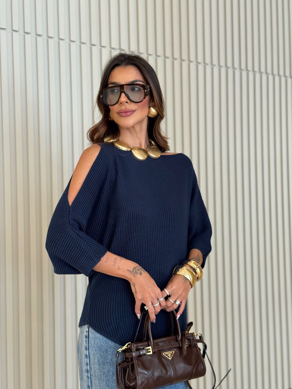 BLUSA AYLA TRICOT ASSIMÉTRICA MARINHO - 0075820055 - CAROLLA FERRARO