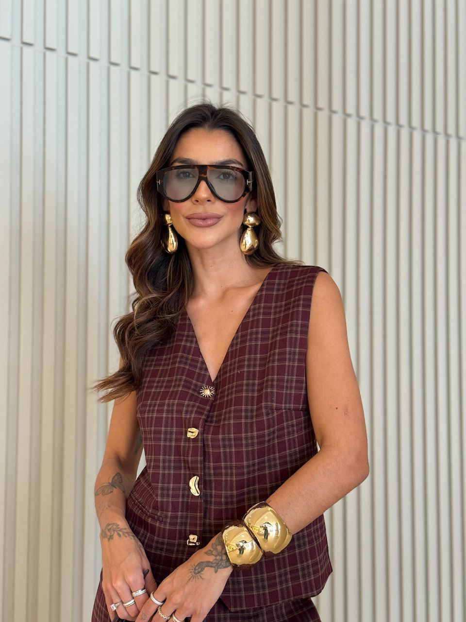 CONJUNTO YASMIN XADREZ VINHO