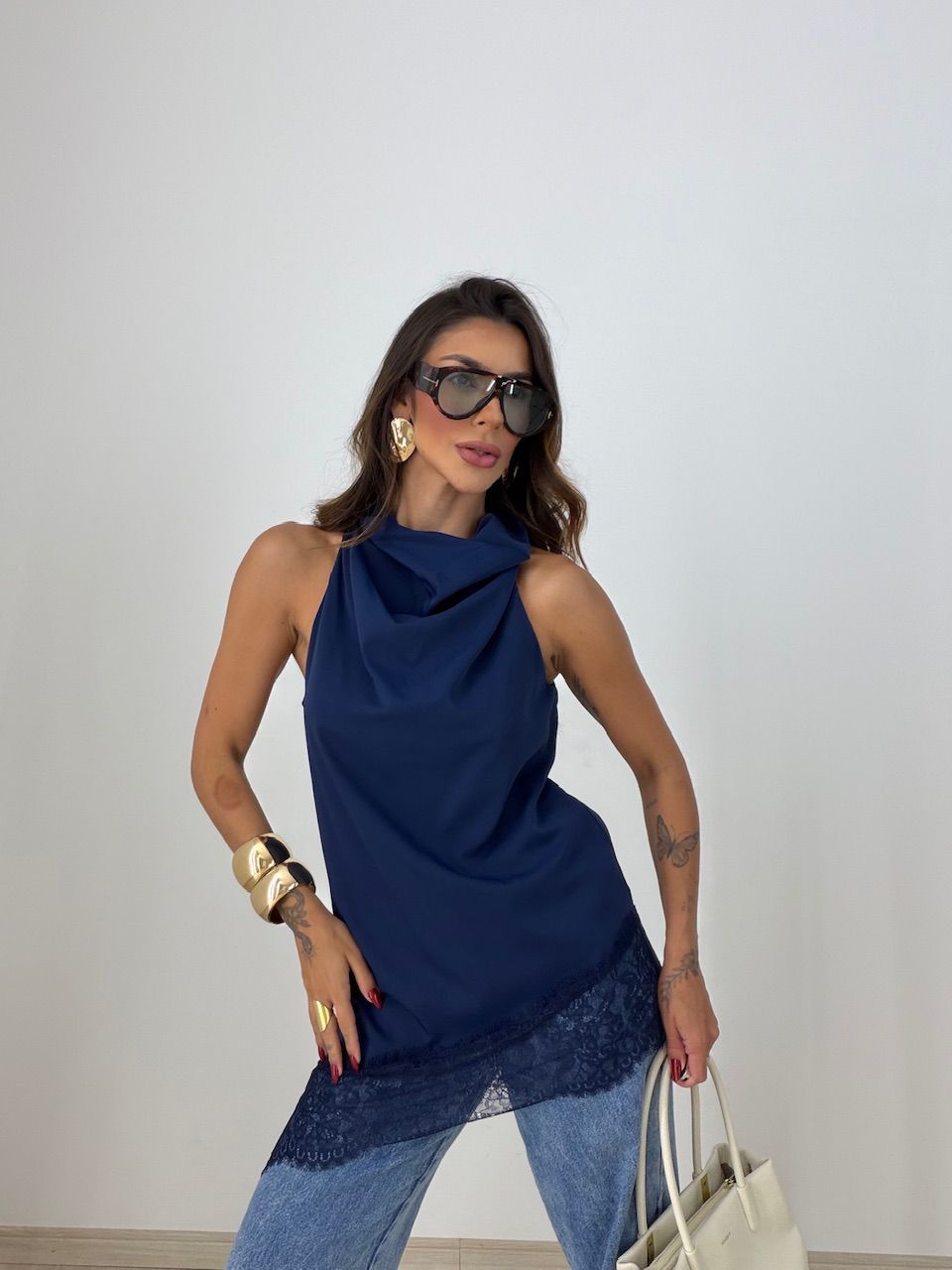 BLUSA MARIA CLARA ASSIMÉTRICA MARINHO - 0077840055 - CAROLLA FERRARO