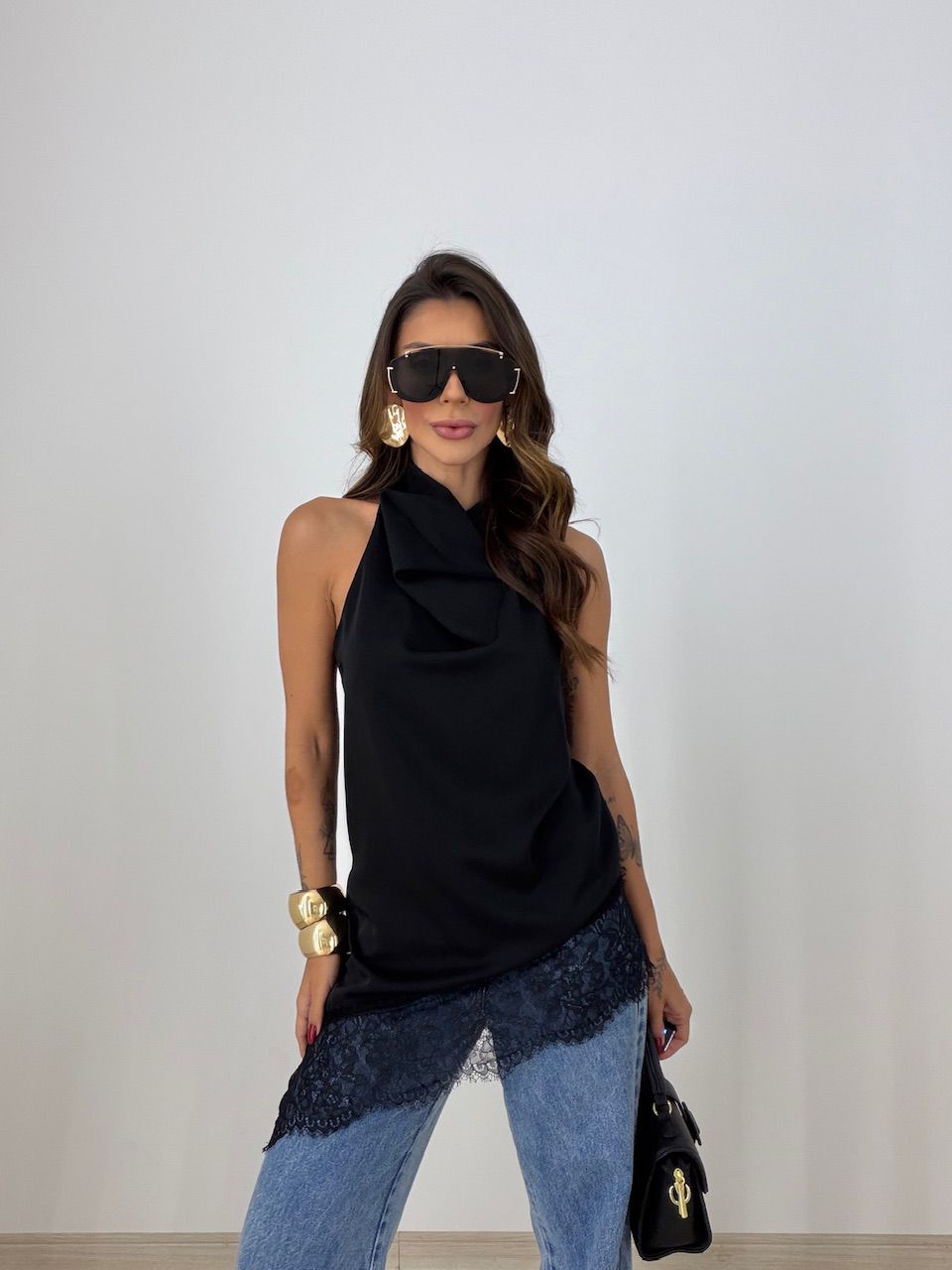 BLUSA MARIA CLARA ASSIMÉTRICA PRETA - 0077840033 - CAROLLA FERRARO