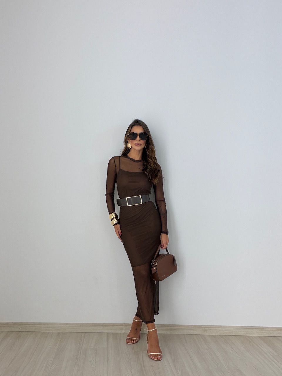 VESTIDO CLARICE TULE MARROM - 0077850054 - CAROLLA FERRARO