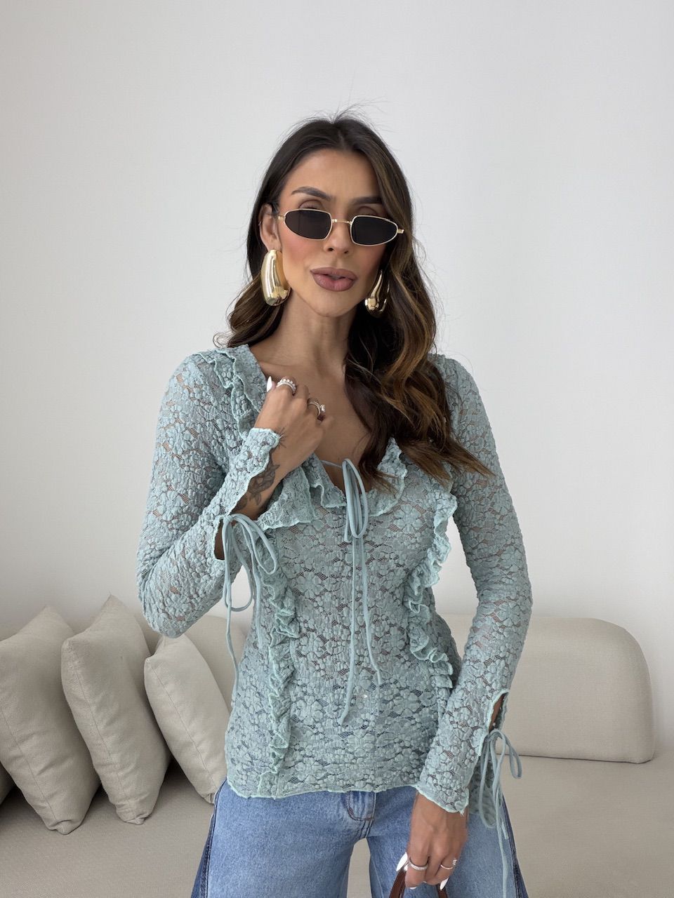 BLUSA CHARLOTTE RENDA VERDE ÁGUA