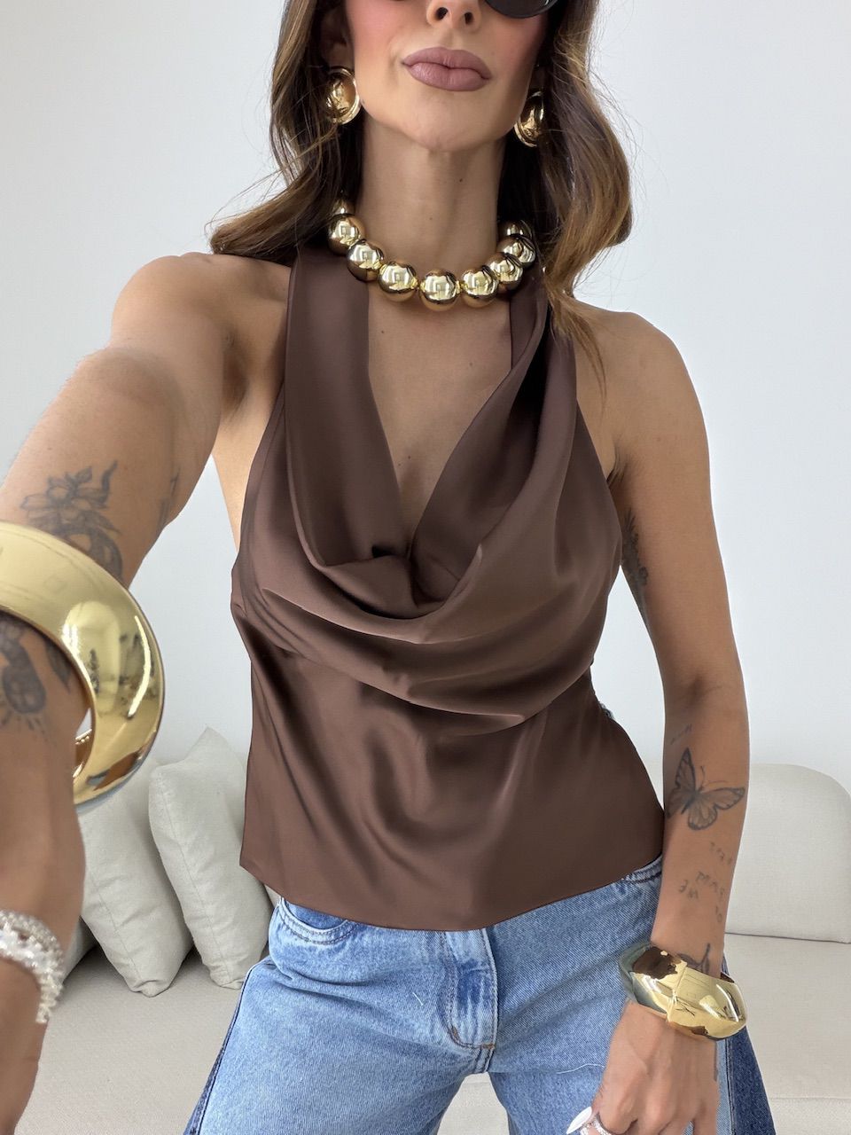 BLUSA FÁTIMA ACETINADA MARROM