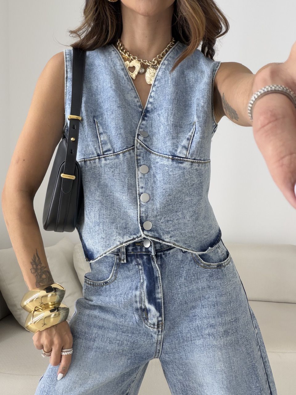 CONJUNTO CIBELE COLETE CALÇA JEANS CLARO